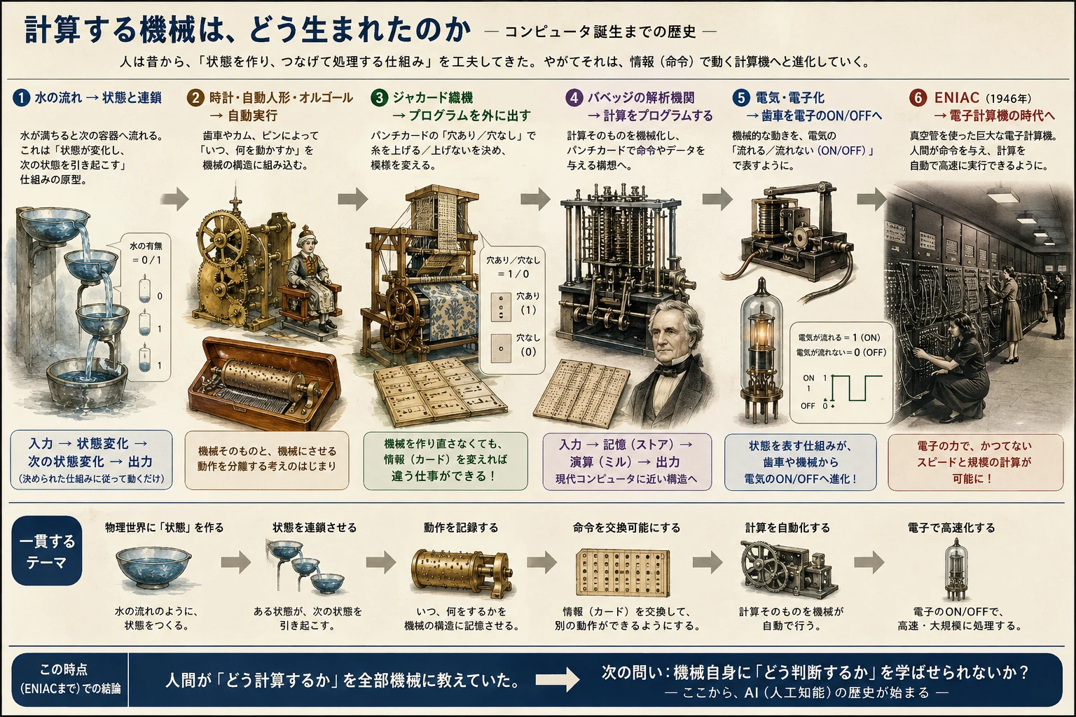水時計・機械式・ジャカード・バベッジ・電子化・ENIACをたどる誕生編