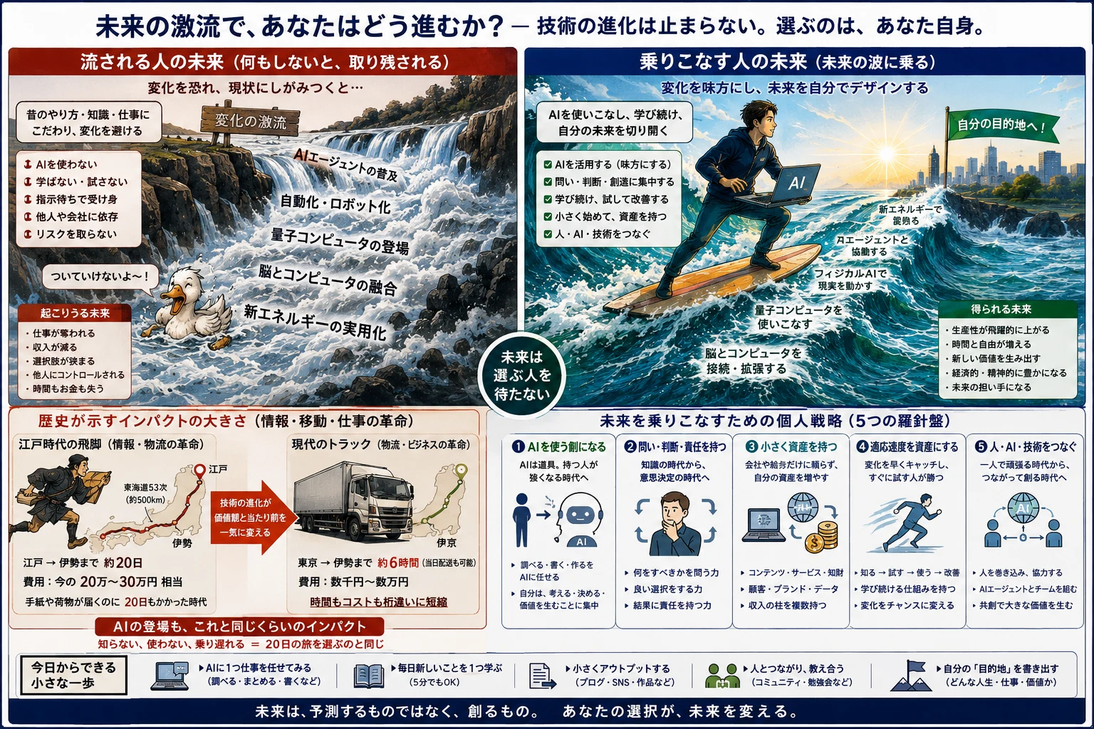 江戸時代の飛脚と現代トラック、流されるアヒルと波に乗る個人の対比